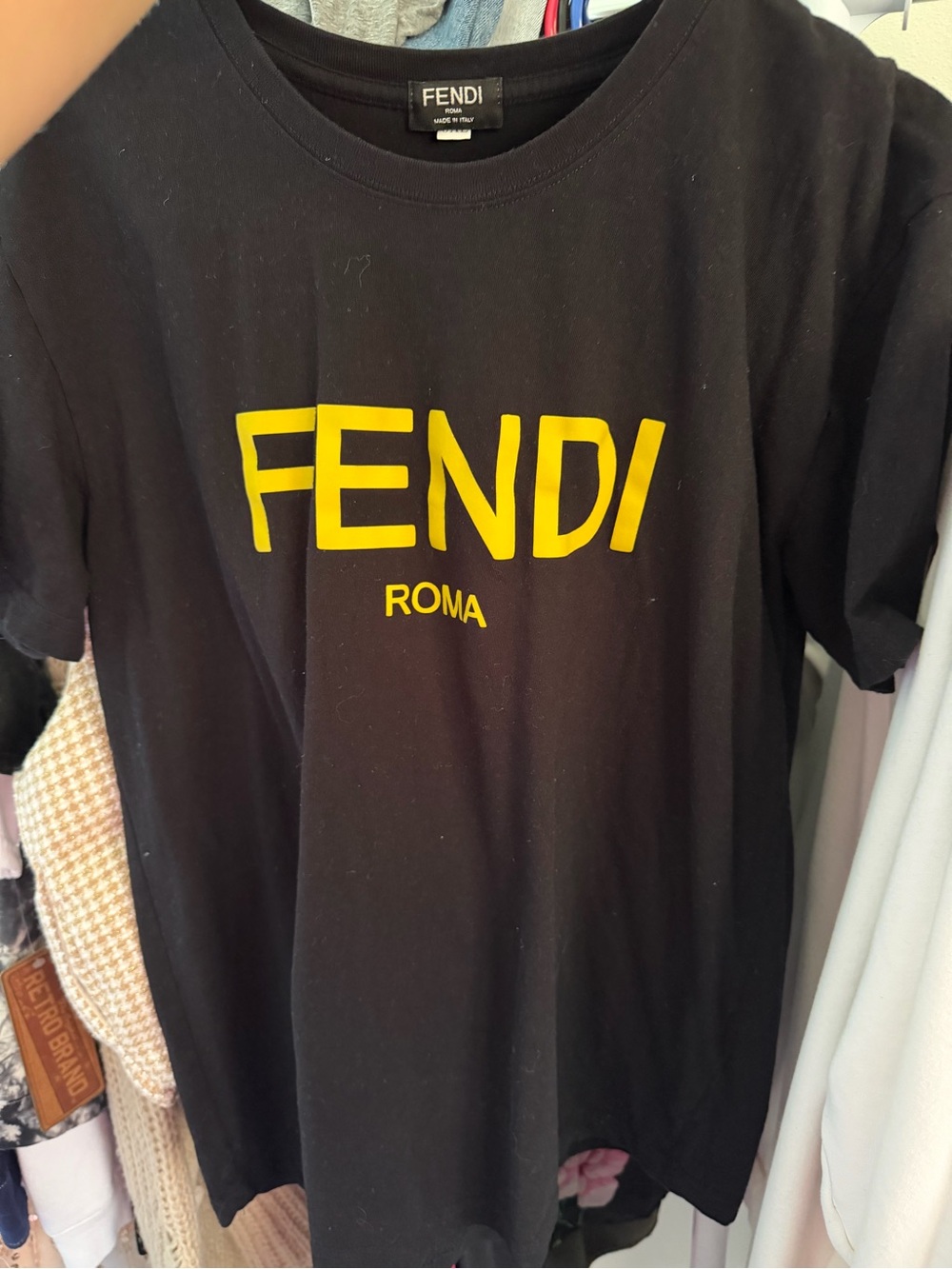 Fendi Roma Unisex Black Logo T-Shirt with Yellow Print